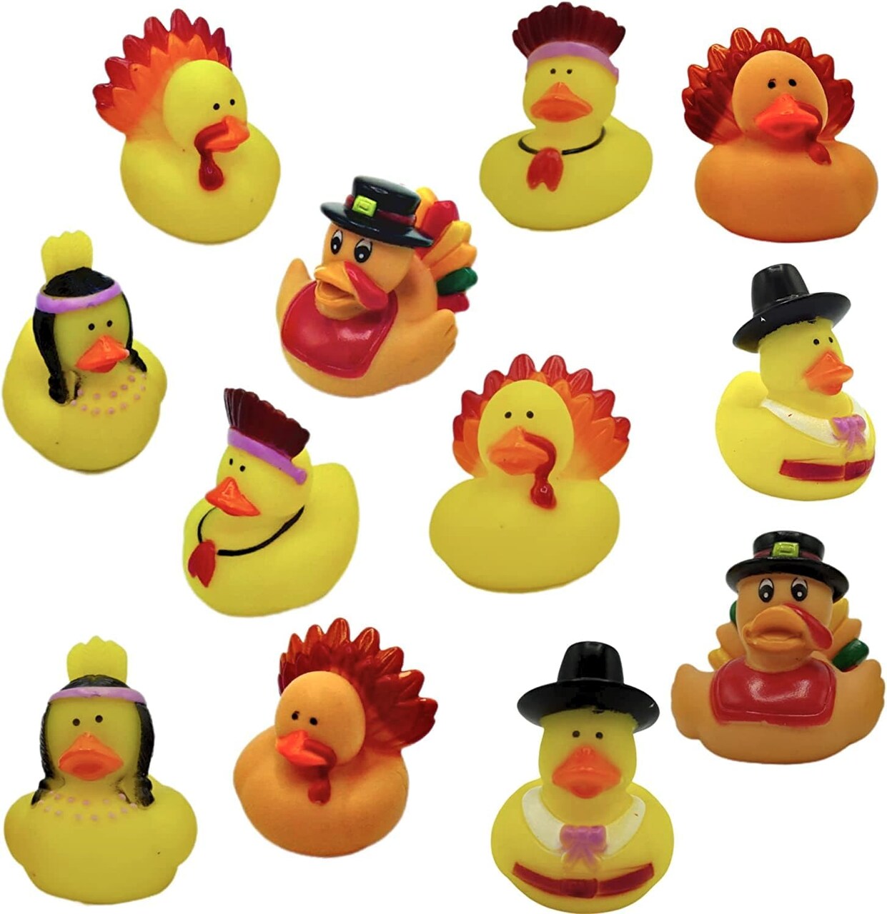 4E's Novelty 12 Pack Thanksgiving Rubber Duckies – Fall Turkey & Pilgrim Ducks, Bulk Thanksgiving Party Favors, Holiday Table Decorations, Bath Toys, Jeep Ducking Accessories